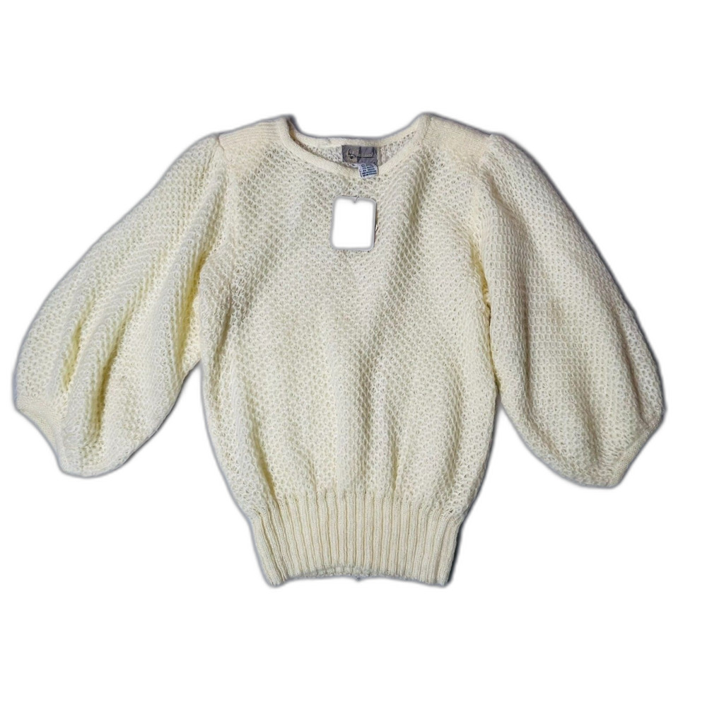 NOS VTG 80s Bechamel Mohair Sweater Ivory Puff Sleeve Cottage Chic Soft Large